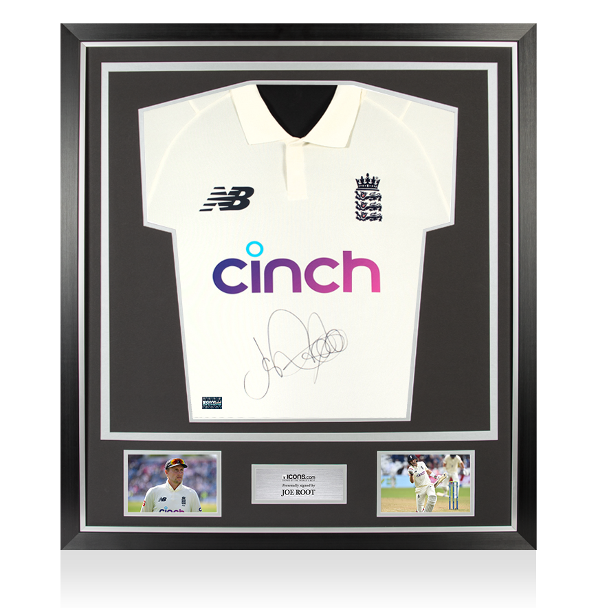 Joe Root Front Signed White England Test Cricket Shirt In Classic Frame